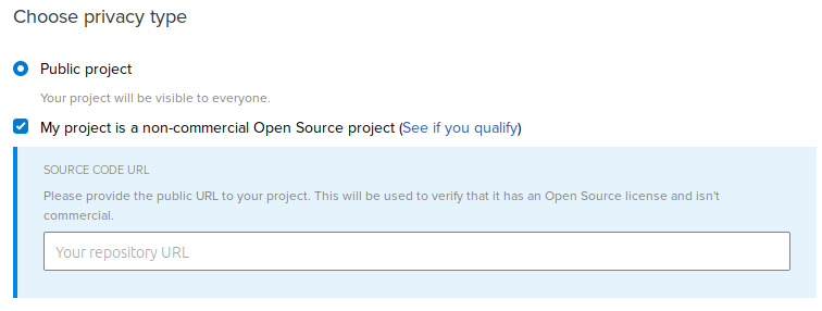 Screenshot: tick the My project is a non-commercial Open Source project checkbox when creating a new project