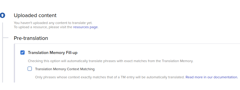 Screenshot: tick the  "Translation Memory Fill-up" under "Pre-translation" when creating a new project